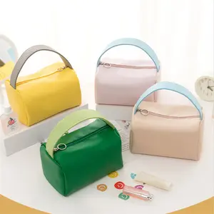 New Portable Plain Cosmetic Large Capacity Candy Color Travel Hand PU Leather Toiletry Bag Cute Makeup Organizer Storage Pouch