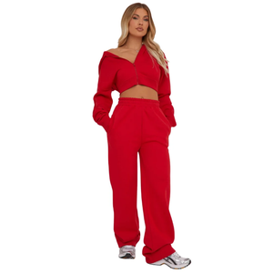 Sudadera con capucha de manga larga con parche de lana sólida informal de Invierno para mujer, ropa deportiva para correr de algodón de 2 piezas - Product Image 5