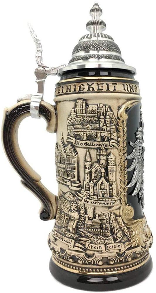 German Ceramic Beer Stein 1.4L with Lid - Rustic Deutschland Eagle