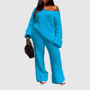 Conjunto de Dos Piezas de Pantalones y Top de Punto de Color Sólido con Cuello en V, Holgado, para Mujer, Disponible en Stock - Product Image 1