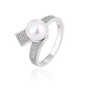 KAMMY 8-8.5mm Bague perle en argent sterling 925 Bijoux Femme Doigt Grandes perles d'eau douce naturelles Bagues Zircon Blanc Perle Bagues - Product Image 1