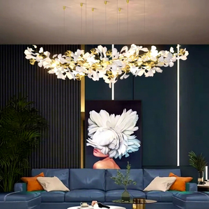 White Crystal <b>Leaf</b> Petals Oval Pendant <b>Light</b> Luxury Chandelier Dimmable LED High Ceilings Modern Restaurant Hotel Staircase - Product Image 1