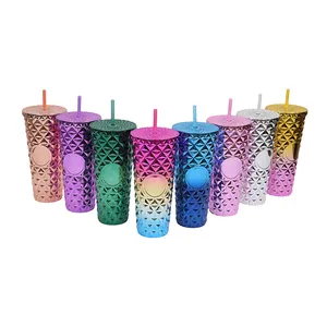 Warehouse Studded 24oz Tumblers Reusable Coffee Plastic Cups Drinkware Bling Double Wall Tumbler With Straw