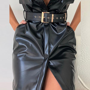 <strong>Women</strong> Black PU Short Sleeve Solid Turn-down <strong>Collar</strong> Pocket Design PU Shirt <strong>Dress</strong> with Belt Workwear Banquet Party - Product Image 3