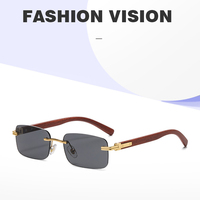 Lunettes de soleil dégradées bleues sans monture en bois pour hommes et femmes, pont doré, rectangulaires, protection UV400, pour l'extérieur, décontractées