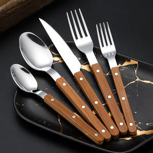 Stainless Steel Western Steak Knife <b>Fork</b> <b>Spoon</b> <b>Set</b> With Wood Handle Dishwasher Safe 5 Piece Flatware For Picnic - Product Image 2