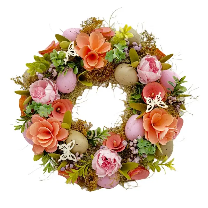 2024 nuevo diseño decoración de huevo de Pascua 14 "Rosa cURL primavera corona puerta colgante decoración flores decorativas coronas y plantas