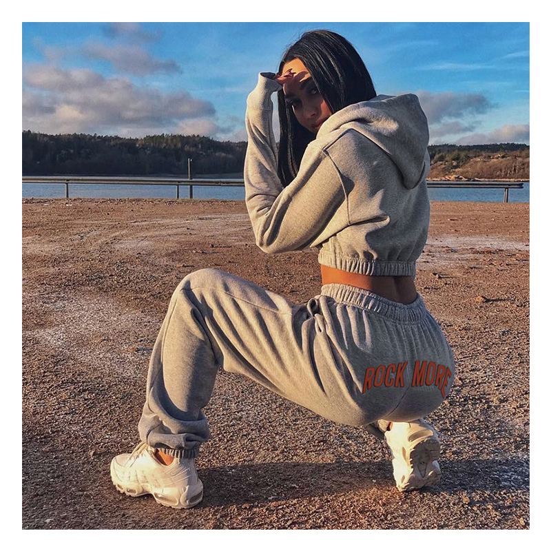 Pour les femmes Ensemble Deux Pièces Costume de Sport Jogging Hoodies Sweat Crop Top Pantalon Femmes Ensembles Assortis