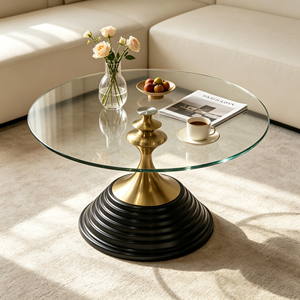 Mesa de Centro de Vidrio Templado Redonda de Lujo con Pedestal de Metal Dorado y Base Negra en Capas para Sala de Estar, Hogar, Sofá, Hotel y Vestíbulo - Product Image 6
