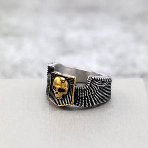 Stainless Steel <b>Ring</b> With Golden Skull Wings Design For Men And Women Halloween Fashion Jewelry Hip Hop Style - Product Image 2