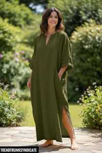 Caftán Maxi Verde de Lino/Algodón para Mujer, Estilo Casual, Ecológico, Transpirable, Corte en A, Cuello en V, Manga Corta, Holgado y Fluido, Ideal para Vacaciones - Product Image 6