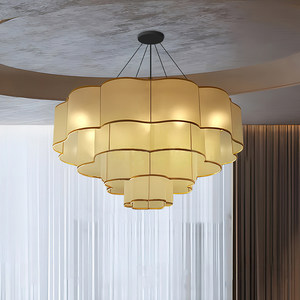 Lustre de style chinois, diamètre 80 cm, éclairage en tissu doré pour salle à manger, décoration de la maison - Product Image 1