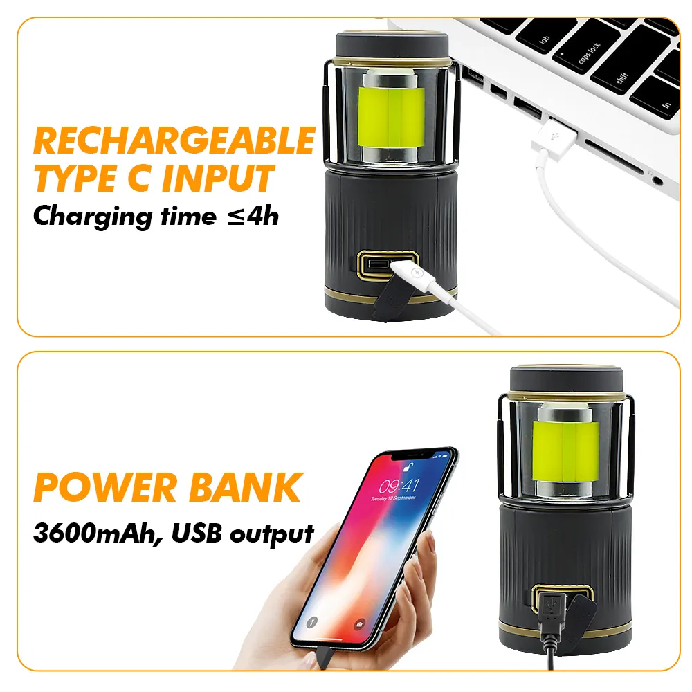 Dapat diisi ulang, 1500LM, 4 mode cahaya, Power Bank, pencahayaan LED tahan air IPX4 berkemah