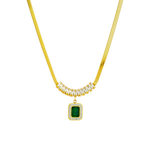 European American Style Retro Minimalist Diamond Encrusted Snake Chain Square Green Pendant Stainless Steel Necklace Party - Product Image 5