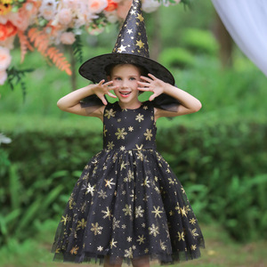 Disfraz de bruja para niños, vestido negro con estampado de copos de nieve dorados, vestido de fiesta de Halloween para niñas - Product Image 2