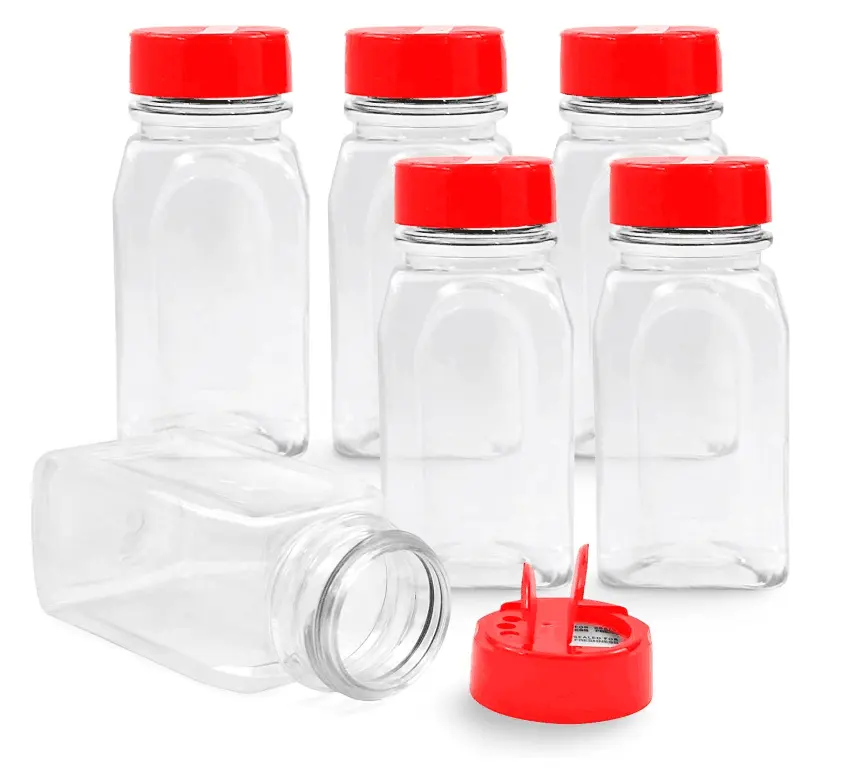 BPA משלוח מותאם אישית לוגו 280 ml שטוח כיכר צ 'ילי פלפל בקבוקי כפית חור תבלינים חורים כובע מלח צנצנות עם פרפר מכסים