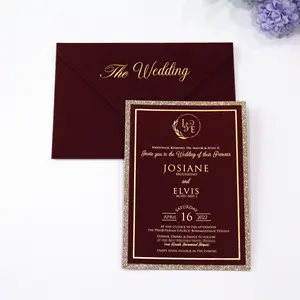 Customized Design Paper Envelope Luxurious Gold Foil Burgundy Velvet Invitations Glitter Liner Wedding Velvet Invitation Card