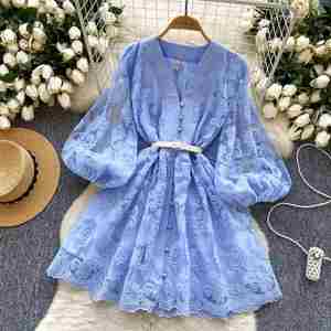 Vestido Midi Casual de Primavera con Cuello en V, Manga Farol y Bordado de Encaje para Mujer - Product Image 4
