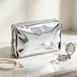 Silver Metallic PU Leather Cosmetic Bag Large Capacity Women <b>Makeup</b> Bags Waterproof Travel Toiletry Bag with Embossed Logo - Product Image 1