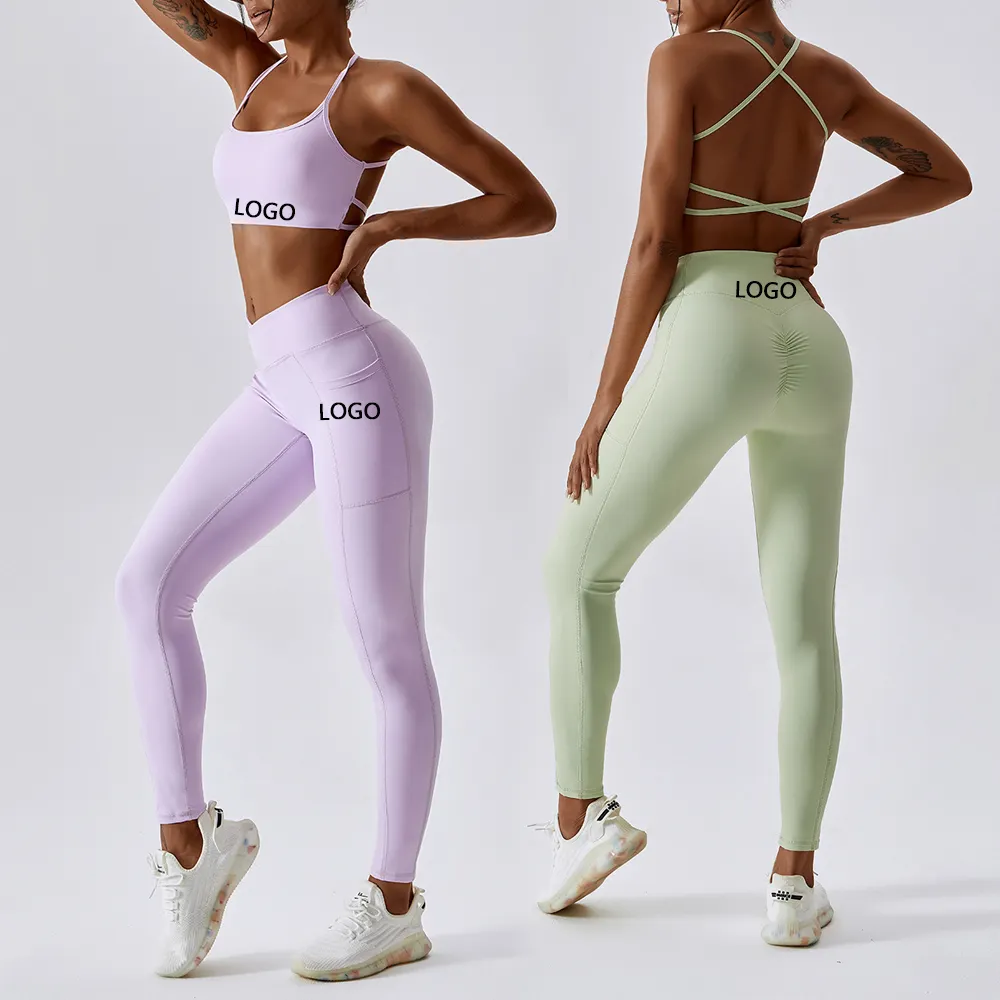 Toptan bayanlar yüksek bel koşu spor salonu aşınma kadınlar 2 parça Activewear Fitness Yoga giyim takım elbise tayt sutyen setleri