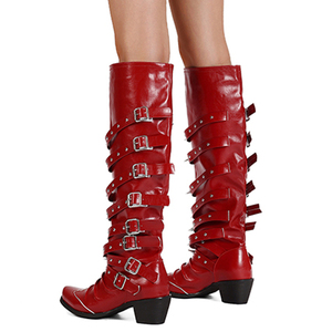 Metal Buckles Women Rivets Knee High <b>Boots</b> Chunky Heels Shoes on Wide Fit Square Toe Long <b>Boots</b> - Product Image 6