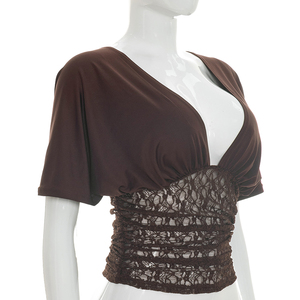 Viviblook J26TP196 Camiseta de Verano para Mujer, Nueva Camiseta con Escote en V Profundo, Manga Murciélago, Encaje y Parches, Estilo Casual para Damas - Product Image 2