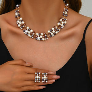 New Exquisite High Quality Gold Toned Statement Jewelry Multi Strand <b>Pearl</b> Crystal <b>Necklace</b> <b>Earring</b> <b>Set</b> for Special Events - Product Image 3