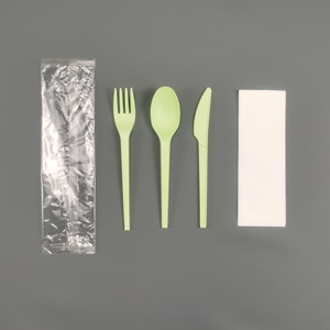 Biodegradable CPLA Flatware PLA White Fork Spoon Knife Napkin PP Bag <strong>Disposable</strong> <strong>Cutlery</strong> Set For Airline