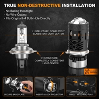 Ampoules de phare LED H4 OEM personnalisées 6000K 12V avec mini lentille de projecteur 16000LM pour voiture, faisceau haut/bas, Plug & Play, LHD/RHD