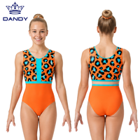Justaucorps de danse et de sport sans manches à imprimé léopard orange, avec blocs turquoise à l'avant et dos plat, élastique, pour adolescentes