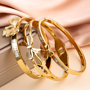 Bán Buôn Đồ Trang Sức Thời Trang Tốt Thép Không Gỉ 18K Vàng-Mạ Pha Lê <span class=keywords><strong>Bowknot</strong></span> Bướm Hoa Cuff Vòng Đeo Tay <span class=keywords><strong>Bangle</strong></span> Cho Phụ Nữ - Product Image 3