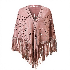 Châle en daim rose à franges pour femme avec motif découpé, longue écharpe bohème pour tous les jours, toutes saisons - Product Image 1