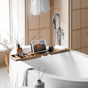 Bandeja moderna para bañera con ancho ajustable, soporte para vino y tableta con soporte para teléfono, soporte para tableta de baño y organizador de bañera de bambú antideslizante - Product Image 3
