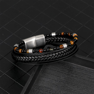Pulsera de Cuero Trenzado Minimalista <span class=keywords><strong>para</strong></span> Hombre, <span class=keywords><strong>Cuentas</strong></span> de Piedra Volcánica Natural, Cierre Magnético de Acero Inoxidable, Joyería de Moda al por Mayor - Product Image 2