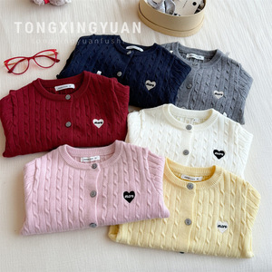 Tongxingyuan Girls Knitted Cardigan Sweater Solid Color Heart Patch Spring Autumn Cotton Kids Top - Product Image 1