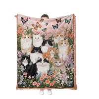 Selimut Flanel Motif Kucing Kupu-kupu, Lembut Hangat Nyaman untuk Sofa Tempat Tidur, Selimut Hadiah untuk Pecinta Kucing dengan Pola Bunga dan Anak Kucing yang Lucu