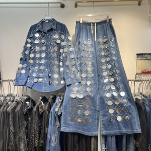 夏季女装高级感重亮片牛仔衬衫宽腿裤2件套Sehe时尚 - Product Image 2