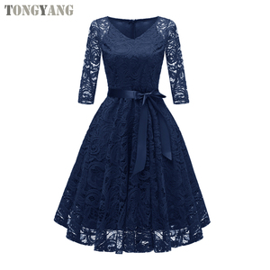 TONGYANG Summer New Party Dress elegante a Line scollo a V <span class=keywords><strong>mezza</strong></span> <span class=keywords><strong>manica</strong></span> al ginocchio <span class=keywords><strong>lungo</strong></span> donna <span class=keywords><strong>abito</strong></span> <span class=keywords><strong>lungo</strong></span> in pizzo - Product Image 4