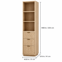 Meuble de rangement moderne en bois clair pour salle de bain, meuble à linge étroit autoportant avec 3 compartiments ouverts et 3 tiroirs