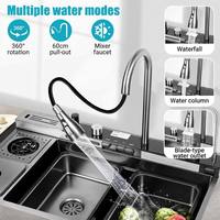 Évier de cuisine de luxe carré en acier inoxydable noir, grande capacité avec distributeur de savon et lave-verre