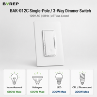 Interrupteur variateur 3 voies BAREP BAK-012C CETLus sans fil neutre 120V, compatible LED dimmable 300W et ampoules incandescentes 600W, homologué UL1472 pour la maison et le bureau
