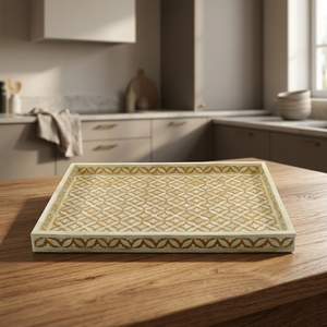 Premium Modern Luxury Home Decor Rectangle Tray Beige Bone Inlay Traditional Floral Geometric Pattern Handcrafted Serving Bag - Product Image 1