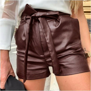 High Waist Black Leather Eco-Friendly Breathable Casual <b>Women's</b> Shorts with Zipper <b>Fly</b> Solid Pattern - Product Image 5