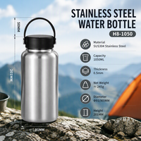 Bouteille d'eau portable en acier inoxydable SUS304 de 1050 ml pour camping et randonnée, compatible feu ouvert, avec large ouverture et tasse détachable