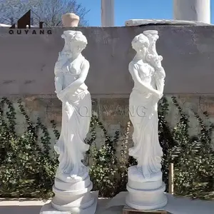 QUYANG casa decoración tallada a mano piedra Natural señora estatuas Pilar grande mármol blanco poste de luz