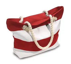 Многоразовая хлопчатобумажная Холщовая Сумка-тоут на молнии с логотипом на заказ, красная, темно-синяя, полосатая пляжная сумка