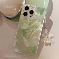Coque de téléphone Papillon Dégradé Vert, Housse Texture Fil avec Cordon Perlé pour iPhone 12/13 Pro Max/16/17