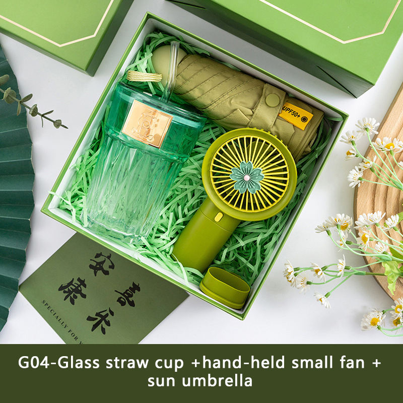 Glass straw cup+Fan+Umbrella