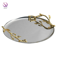 Plateau Métal Miroir Rond de Luxe Avec Poignée Dorée, Plateau de Rangement pour Clés, Desserts, Snacks, Fruits pour Hôtel, Cuisine, Table, Décoration Maison