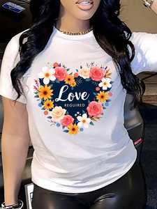 T-Shirt da Donna Traspirante con Stampa Floreale a Cuore, Manica Corta, Collo Tondo, Casual, Primavera-Estate, 100% Cotone Jersey - Product Image 3